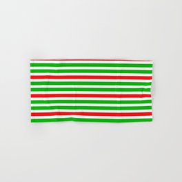 [ Thumbnail: Green, White & Red Colored Lined Pattern Hand & Bath Towel ]