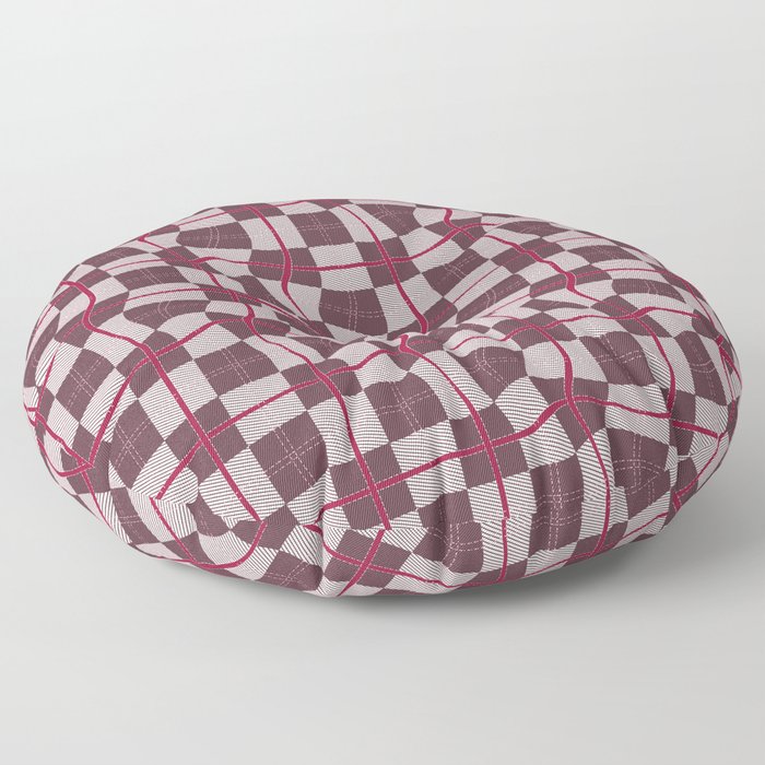 Wine Red Warped Checkerboard Grid Illustration Floor Pillow