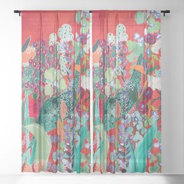 Red floral Jungle Garden Botanical featuring Proteas, Reeds, Eucalyptus, Ferns and Birds of Paradise Sheer Curtain