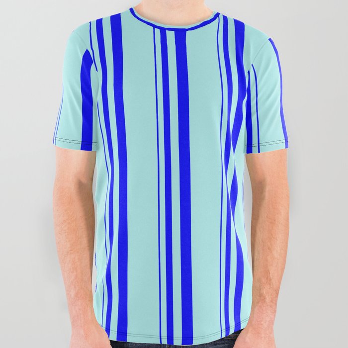 Blue and Turquoise Colored Lines Pattern All Over Graphic Tee