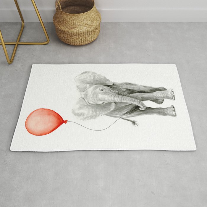 Baby Elephant Watercolor Red Balloon Nursery Decor Rug By Olechka