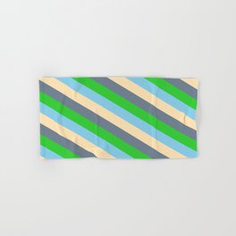 [ Thumbnail: Sky Blue, Beige, Slate Gray, and Lime Green Colored Striped/Lined Pattern Hand & Bath Towel ]