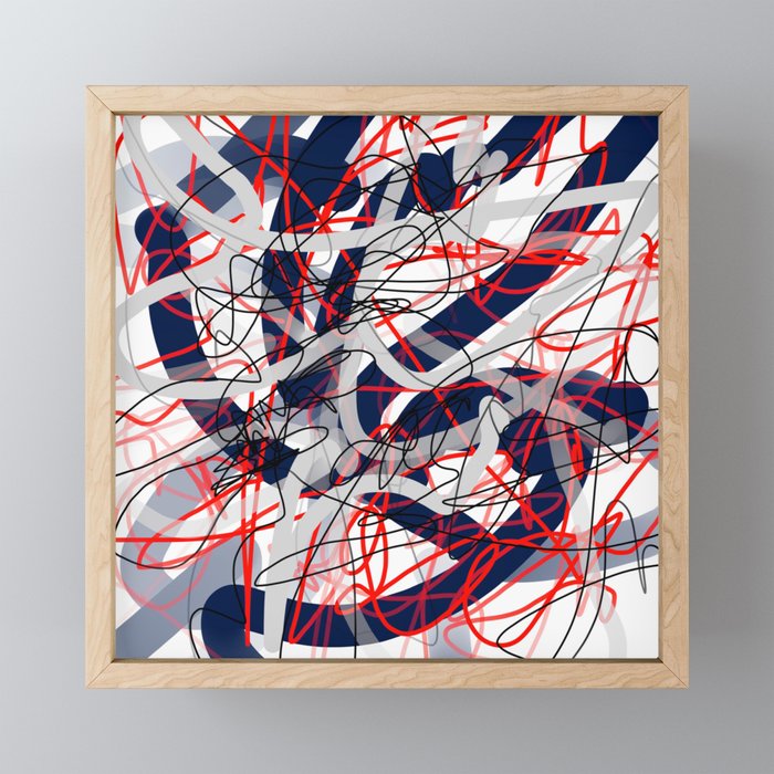 Red, Black, White & Gray Blue Squiggle Abstract Framed Mini Art Print