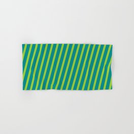 [ Thumbnail: Green & Dark Cyan Colored Striped Pattern Hand & Bath Towel ]