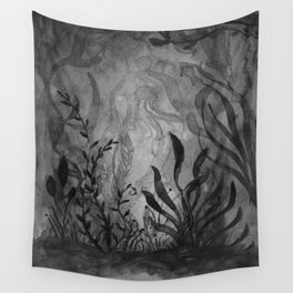Watercolor Ocean Life Foliage Wall Tapestry | Floral, Black White Plants, Illustration, Black And White, Ocean, Fish, Seaweed, Ink, Painting, Flowers 