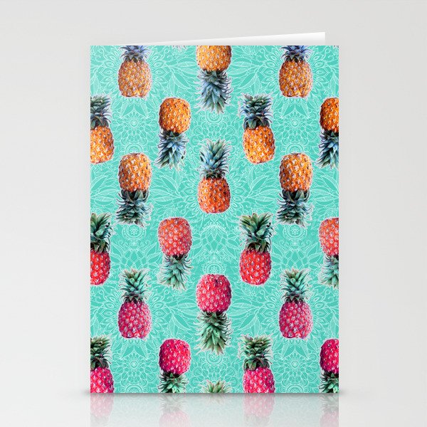 From Pineapple to Pink - tropical doodle pattern on mint Stationery Cards