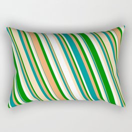 [ Thumbnail: Vibrant Brown, Dark Cyan, Tan, White & Green Colored Striped Pattern Rectangular Pillow ]
