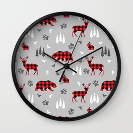 Plaid Forest Animals - Bears Deer Rabbits Woodland Wall Clock