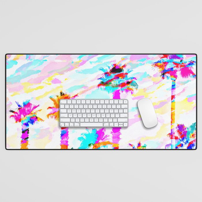 palm tree with colorful painting texture abstract background in pink blue yellow red Desk Mat