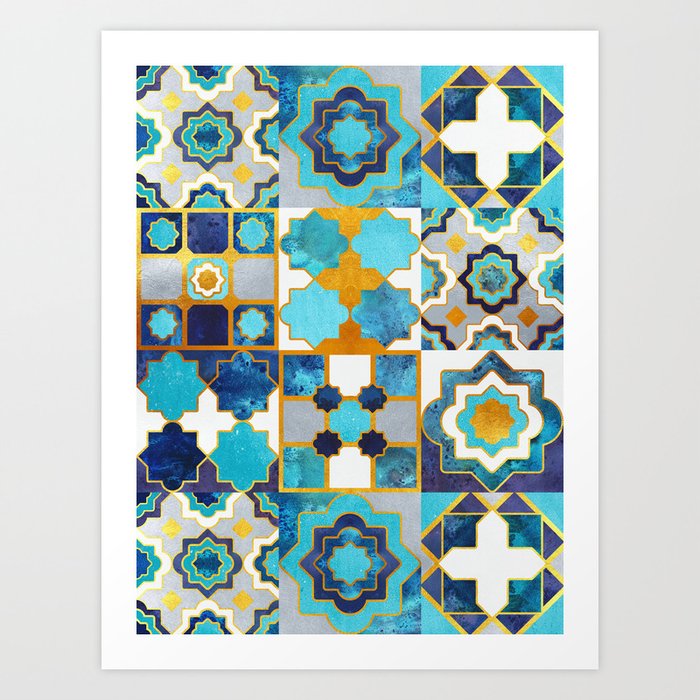 Spanish moroccan tiles inspiration // turquoise blue golden lines Art Print