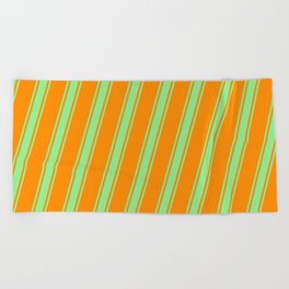 [ Thumbnail: Dark Orange and Light Green Colored Lined/Striped Pattern Beach Towel ]
