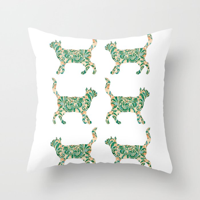 Cat Walking Silhouette - Green Vintage Damask Pattern Throw Pillow