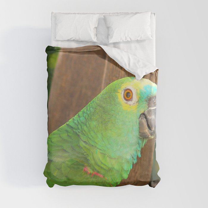 Brazil Photography - Beautiful Green Parrot Sitting In A Tree Duvet Cover