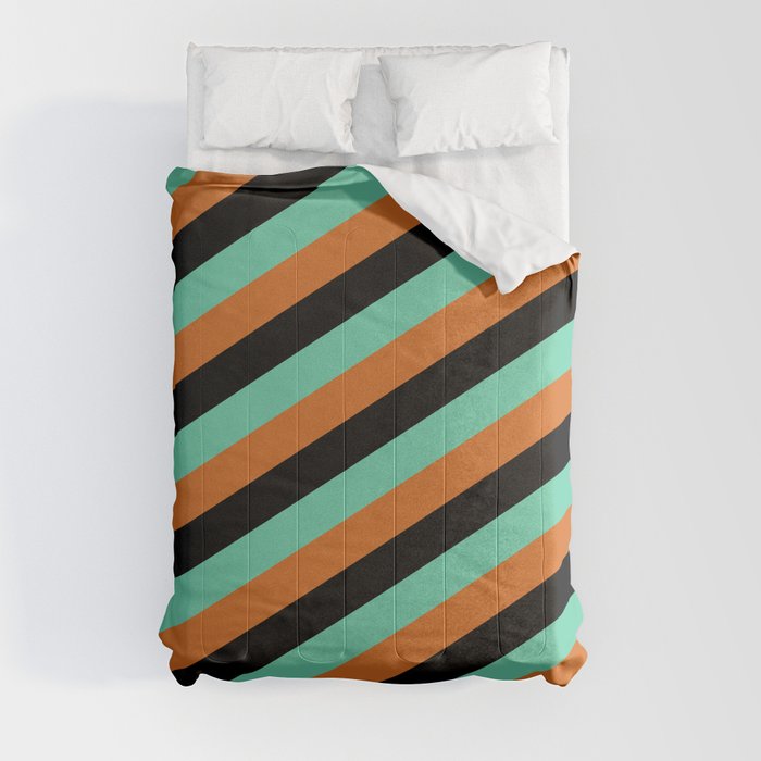 Black, Aquamarine, and Chocolate Colored Pattern of Stripes Comforter