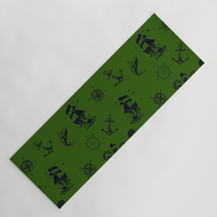Green And Blue Silhouettes Of Vintage Nautical Pattern Yoga Mat