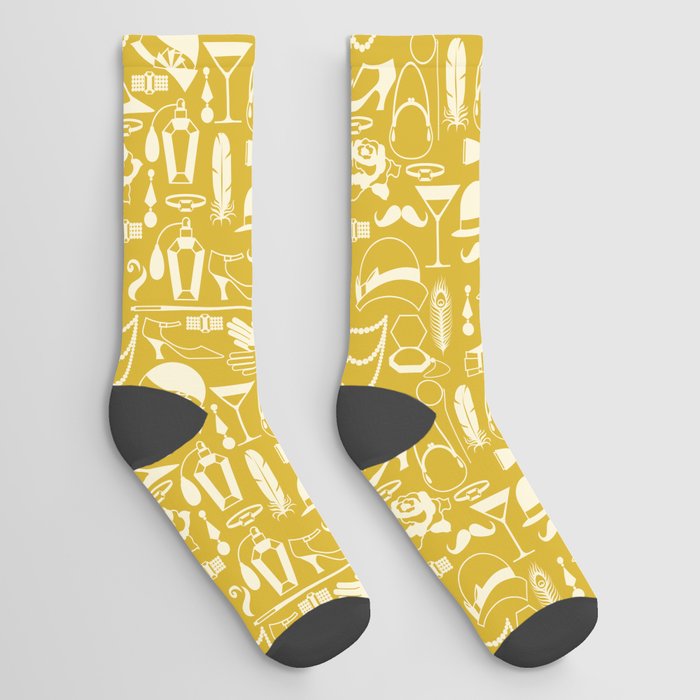 White Fashion 1920s Vintage Pattern on Mustard Yellow Socks