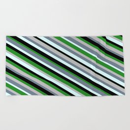 [ Thumbnail: Eye-catching Forest Green, Grey, Slate Gray, Light Cyan & Black Colored Lined/Striped Pattern Beach Towel ]