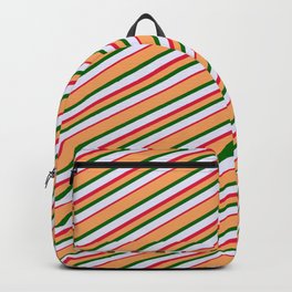 [ Thumbnail: Brown, Dark Green, Lavender, and Crimson Colored Stripes/Lines Pattern Backpack ]