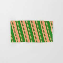 [ Thumbnail: Forest Green & Light Salmon Colored Lined/Striped Pattern Hand & Bath Towel ]