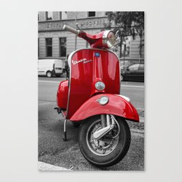 Red Vespa Sprint In Bologna Black and White Photography Canvas Print