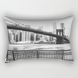 Brooklyn Bridge and Manhattan skyline during winter snowstorm in New York City black and white Rectangular Pillow