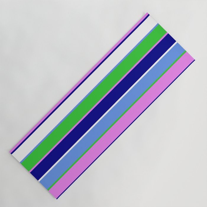 Cornflower Blue, Lime Green, Violet, Dark Blue & White Colored Stripes/Lines Pattern Yoga Mat