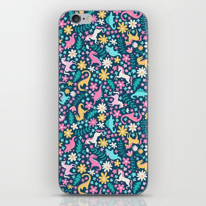 Floral Burst with Dinosaurs + Unicorns in Neon iPhone Skin