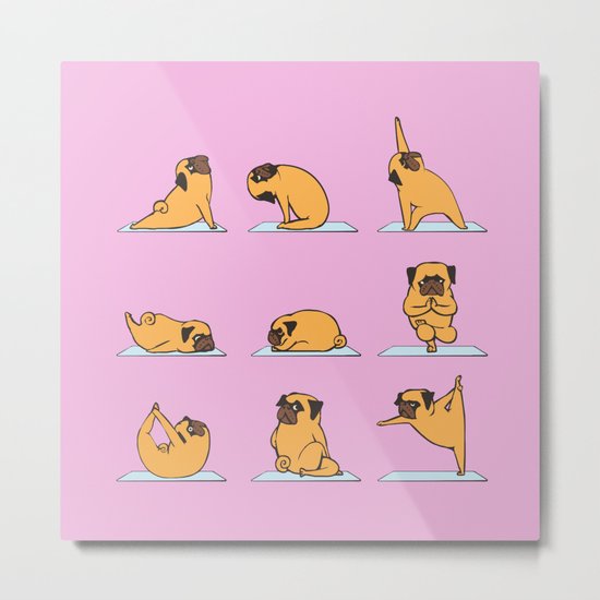 Pug Yoga // Pink Metal Print
