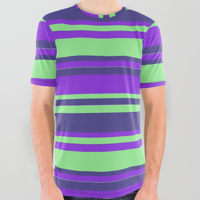 Purple, Light Green & Dark Slate Blue Colored Lines/Stripes Pattern All Over Graphic Tee