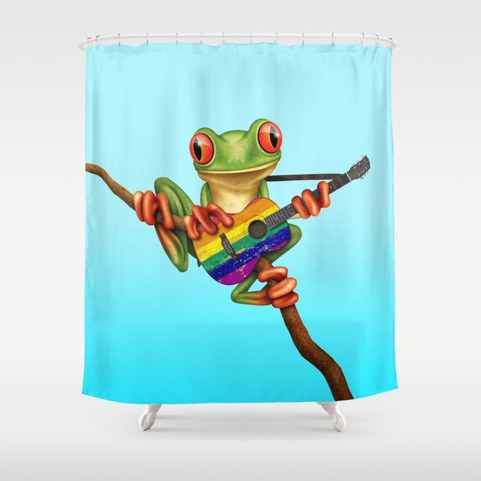 Tree Frog Playing Acoustic Guitar With Gay Pride Rainbow Flag