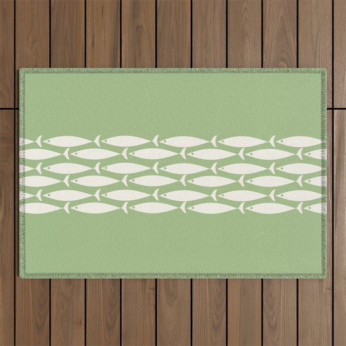 Fish Stripe Minimalist Mid-Century Pattern in Light Sage Green and Cream Outdoor Rug