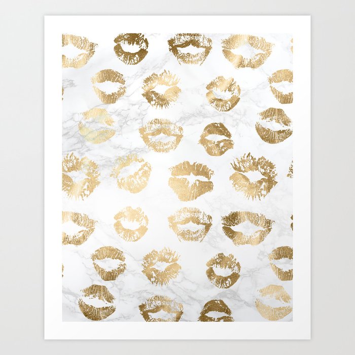 Fashion Lips Gold Lipstick on Marble Art Print