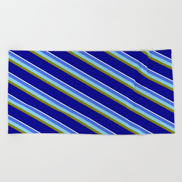 Vibrant Royal Blue, Sky Blue, Green, Dark Blue, and White Colored Striped/Lined Pattern Beach Towel