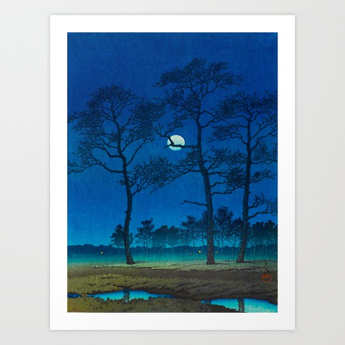 Vintage Japanese Woodblock Print Three Tall Trees At Night Forest Field Landscape Art Print