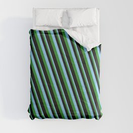 [ Thumbnail: Light Sky Blue, Forest Green & Black Colored Pattern of Stripes Comforter ]