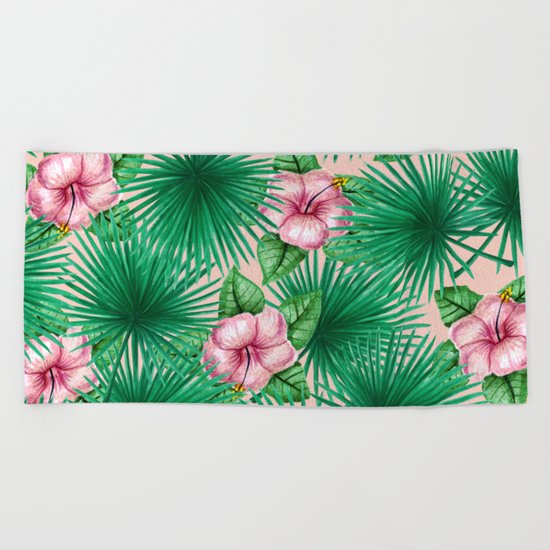Jungle Love, Palm Leaves And Hibiscus Pink Beach Towel