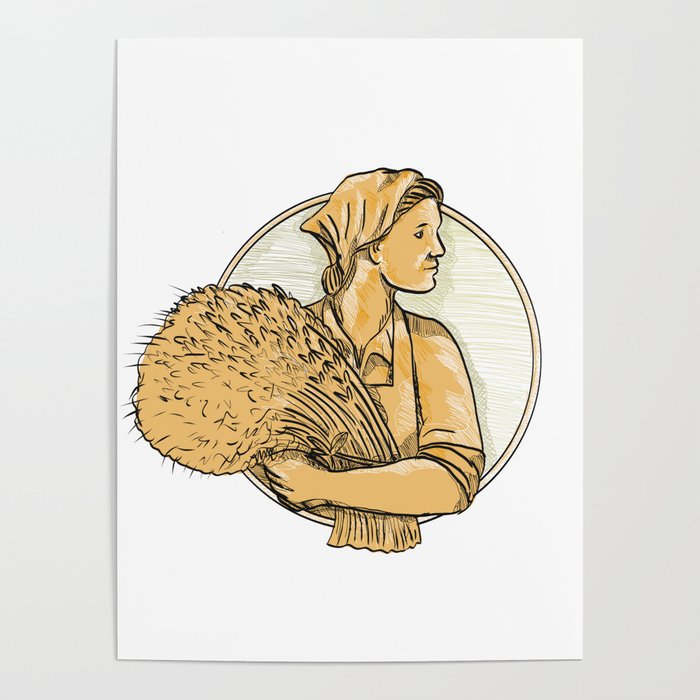Female Wheat Farmer Drawing Poster