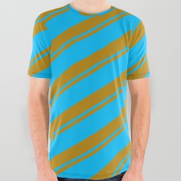 [ Thumbnail: Dark Goldenrod and Deep Sky Blue Colored Striped/Lined Pattern All Over Graphic Tee ]