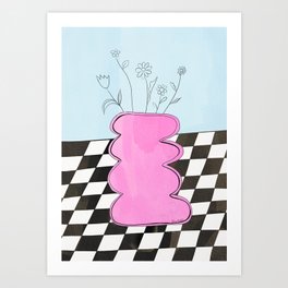 Pink Wavy Vase with Checkerboard Pattern Art Print