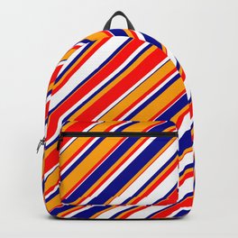 [ Thumbnail: White, Dark Blue, Orange & Red Colored Stripes/Lines Pattern Backpack ]