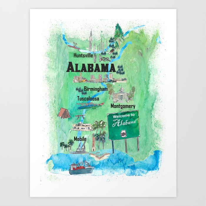 USA Alabama State Travel Poster Map with Tourist Highlights Art Print