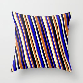 [ Thumbnail: Chocolate, Light Yellow, Black & Blue Colored Lines/Stripes Pattern Throw Pillow ]