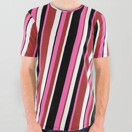 [ Thumbnail: Hot Pink, Brown, White & Black Colored Lined/Striped Pattern All Over Graphic Tee ]