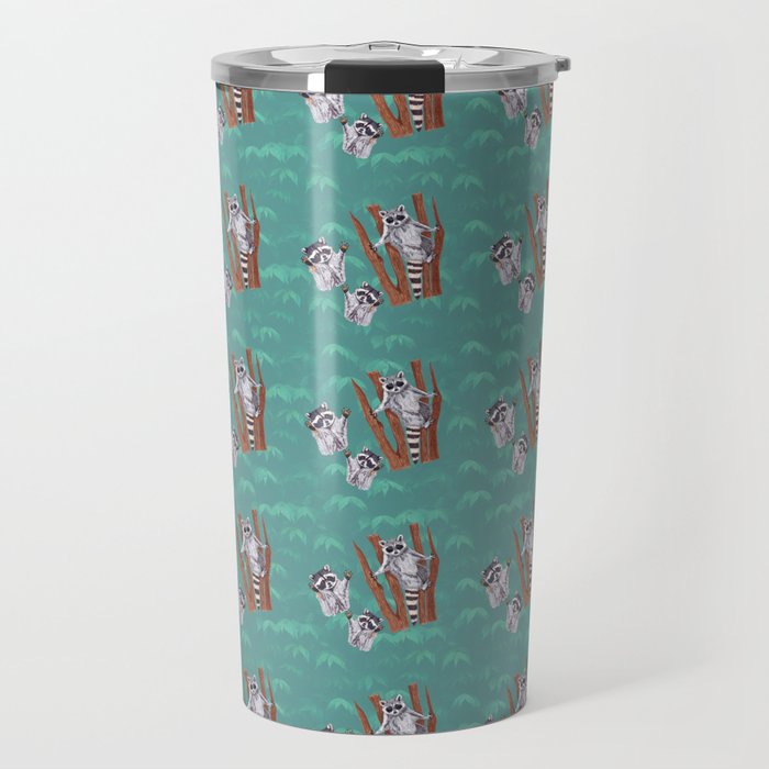 Playful Curious Raccoons Blue Forest Travel Mug