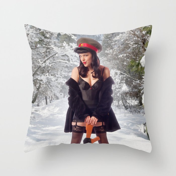 "Sovietsky on Ice" - The Playful Pinup - Russian Theme Pin-up Girl in Snow by Maxwell H. Johnson Throw Pillow