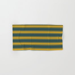 [ Thumbnail: Dark Slate Gray & Goldenrod Colored Pattern of Stripes Hand & Bath Towel ]