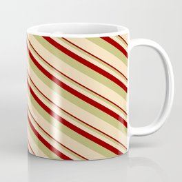 [ Thumbnail: Dark Red, Dark Khaki & Tan Colored Stripes Pattern Coffee Mug ]