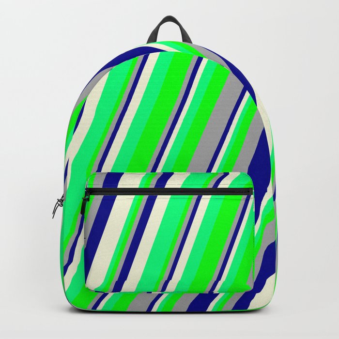 Eyecatching Dark Gray, Dark Blue, Beige, Green & Lime Colored Striped/Lined Pattern Backpack