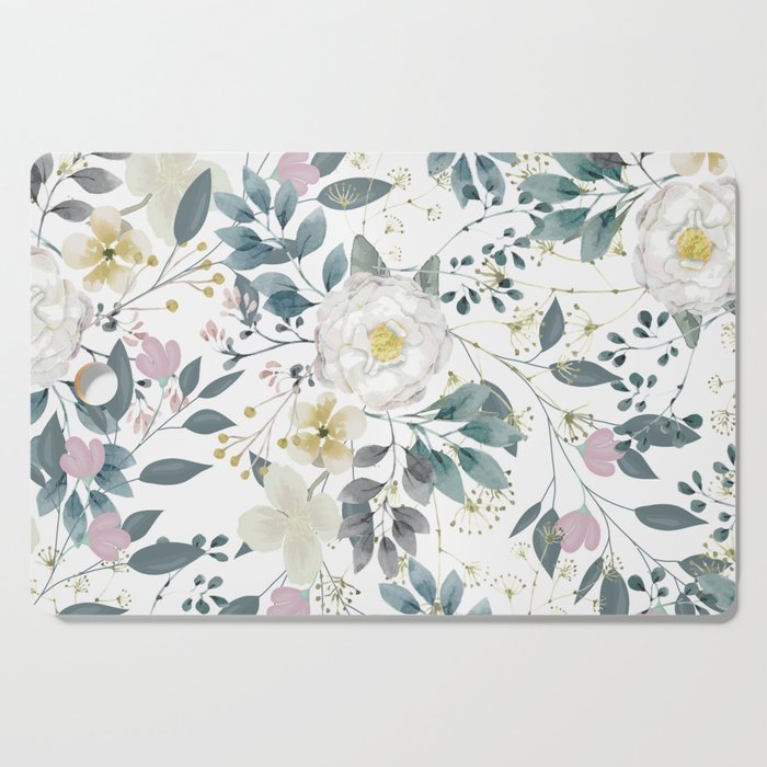 Pastel pink green white yellow watercolor floral Cutting Board