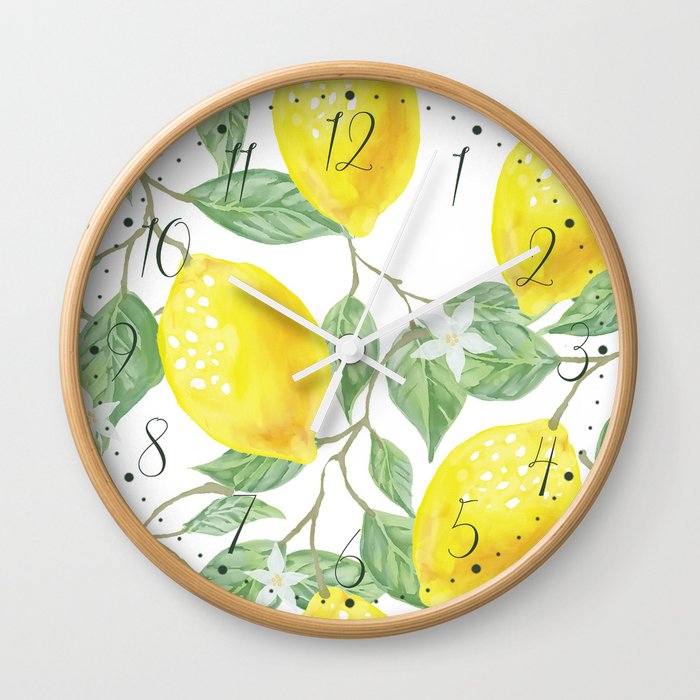 Lemons and Leaves Watercolor Illustration, The Branches Of The Lemon Tree, Watercolor Lemon Tree Wall Clock